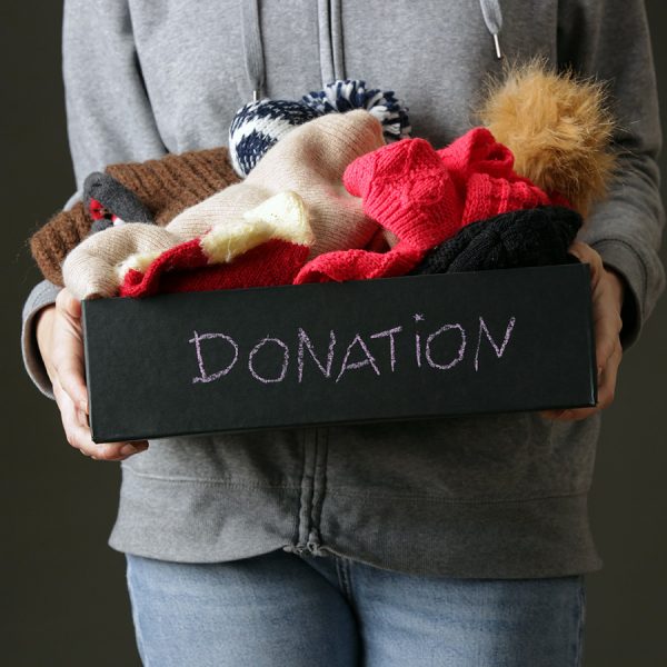 donation box with winter hats